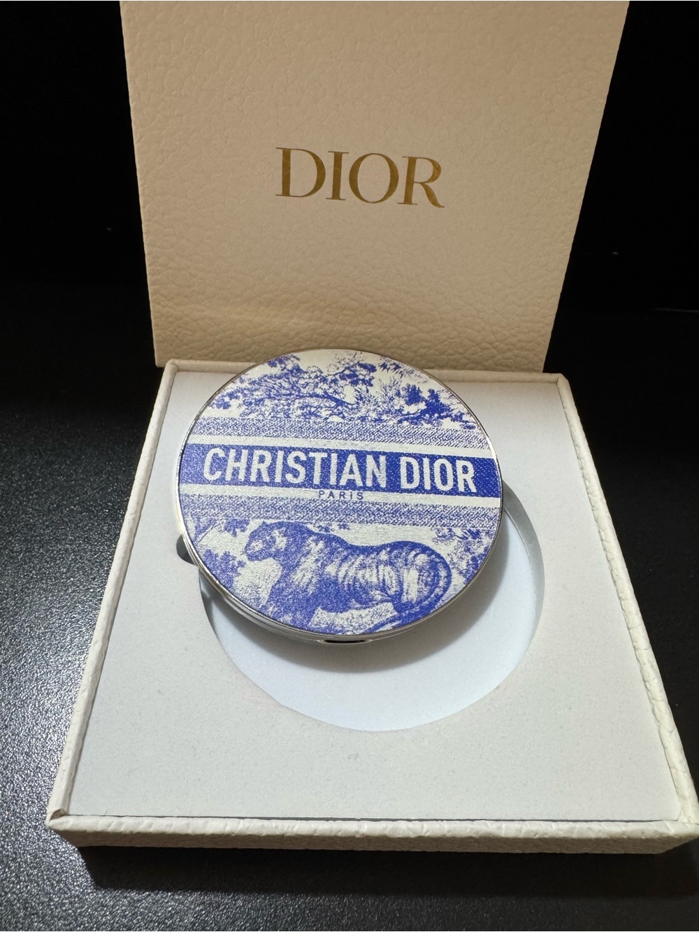 Christian Dior Round make up mirror with Blue Toile "Christian Dior" Motif